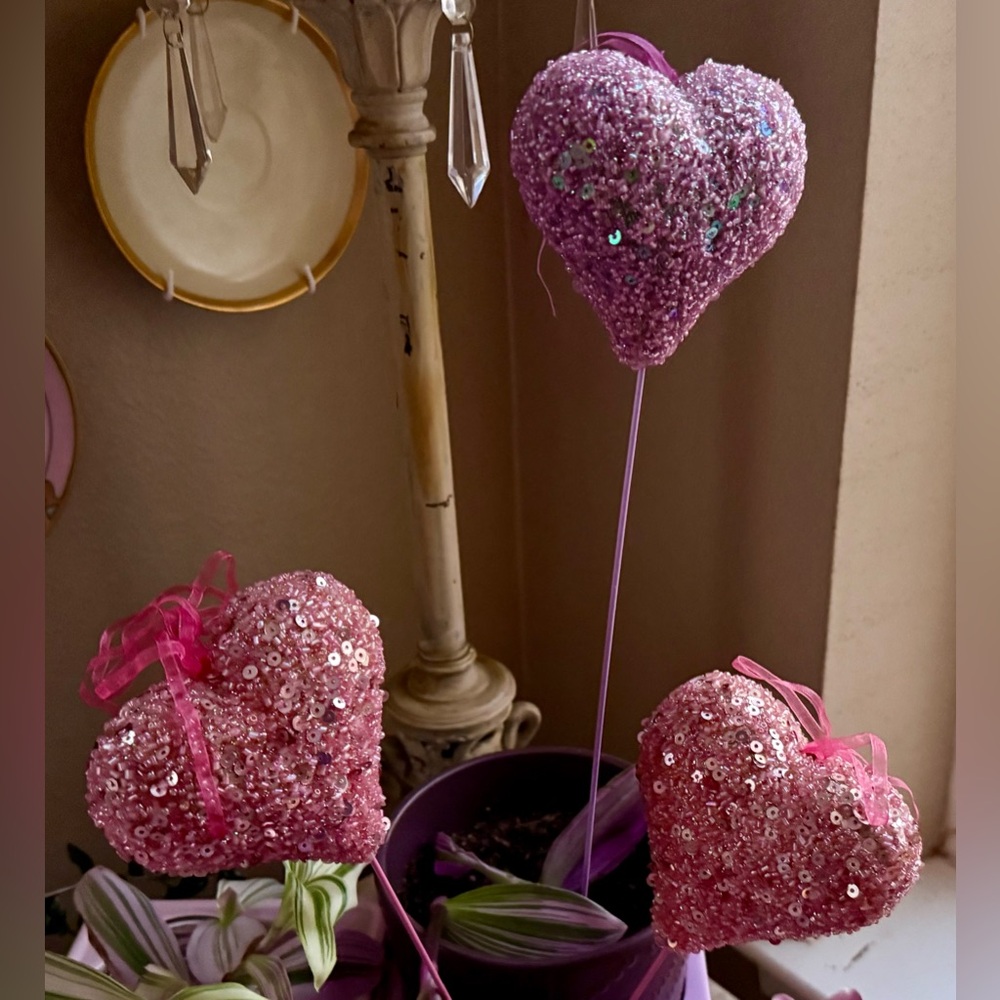 Set Of 3 pink Sequins Hearts. Home decoration. New - Picture 11 of 12